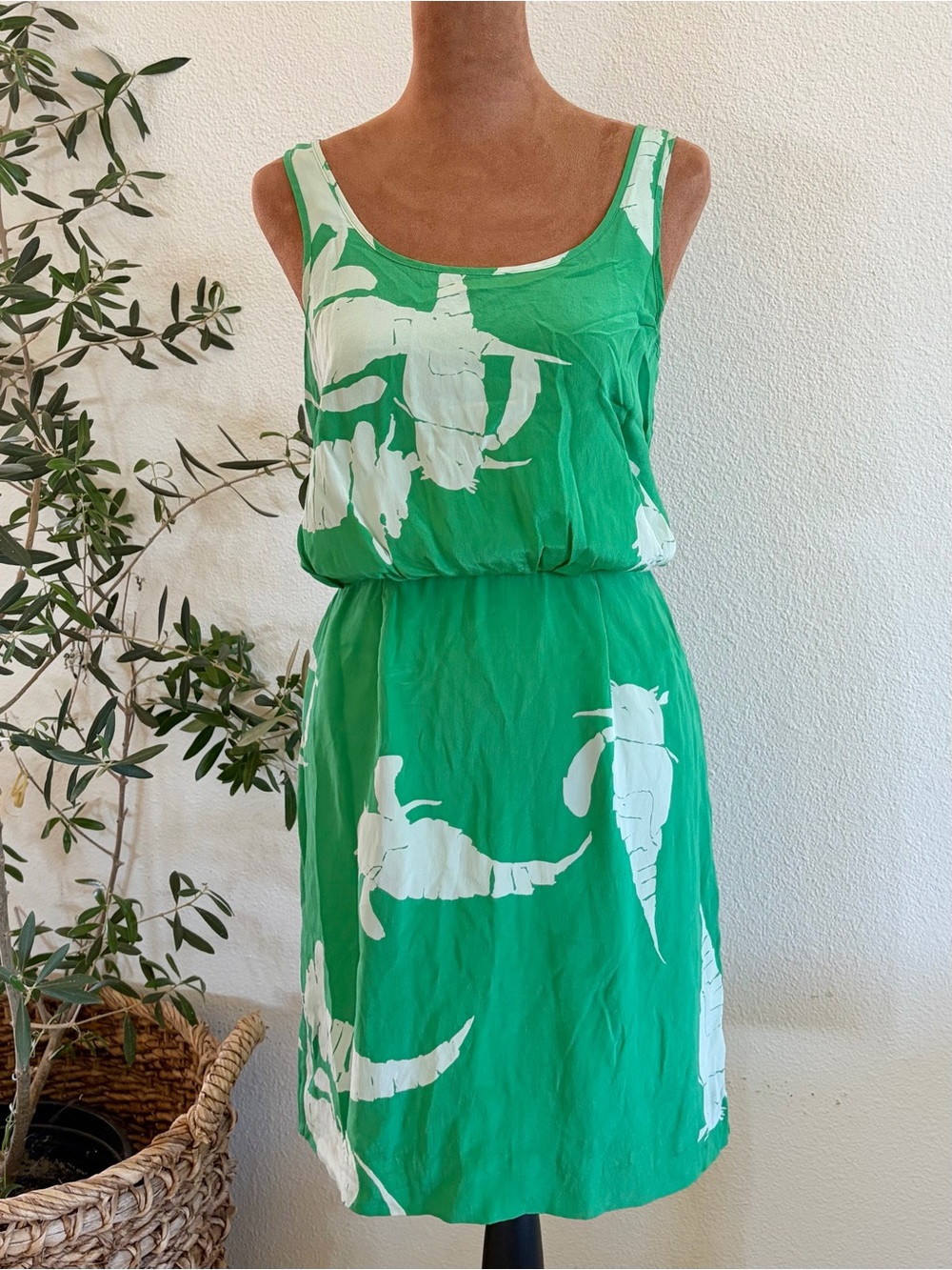 Sariah Silk Green Floral-Print Sleeveless Mini Dress